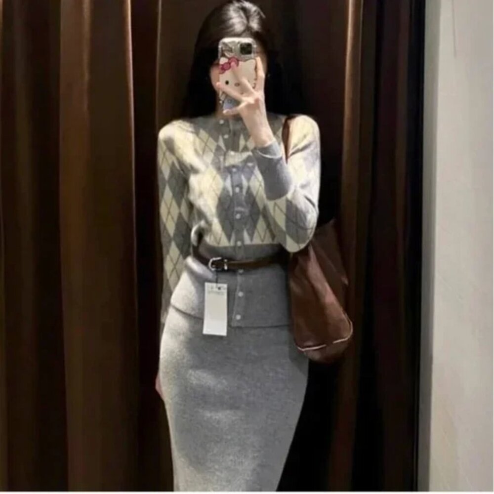 Zara Belted Argyle Knit Sweater and Basic Knit Midi Skirt 2 Pieces Set NWT